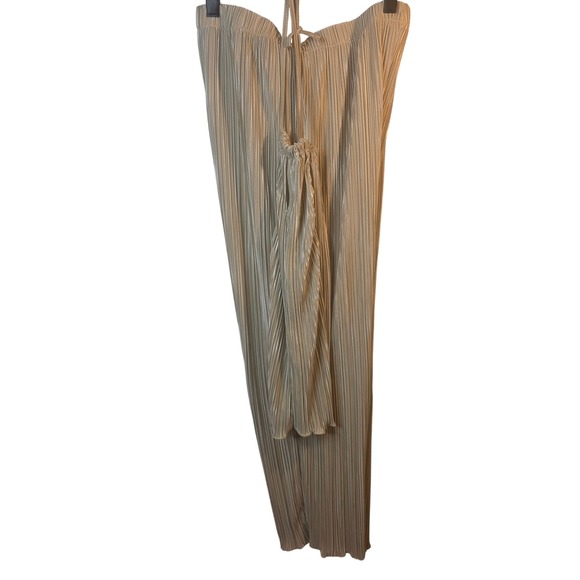 Pants - Champagne Gold Plisse 2 Piece Set Pleated Wide Leg Pants & Cami Top XL Metallic